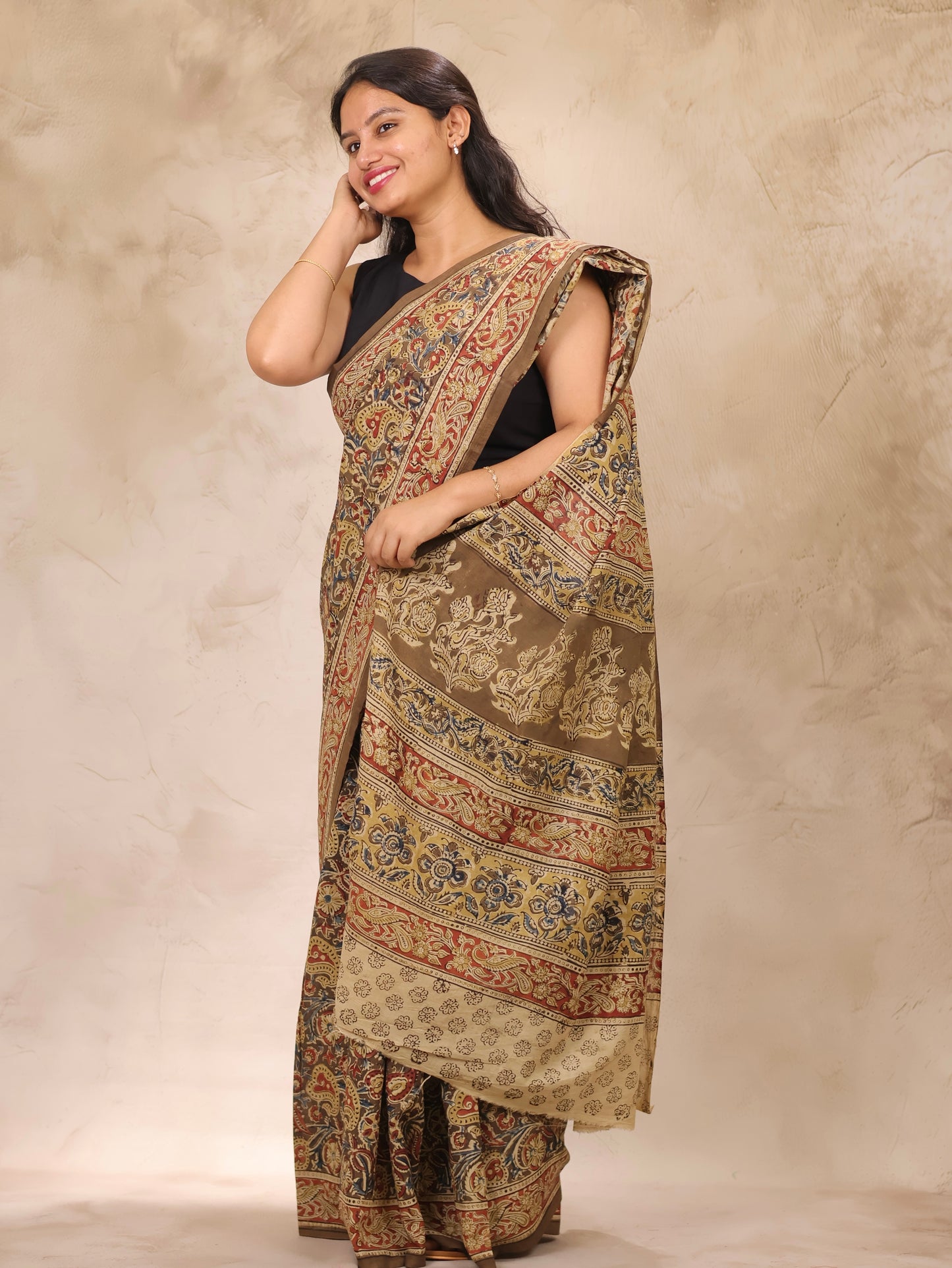 Mehndi Green Hand Block Printed Kalamkari Cotton Saree | Looms & Tassels