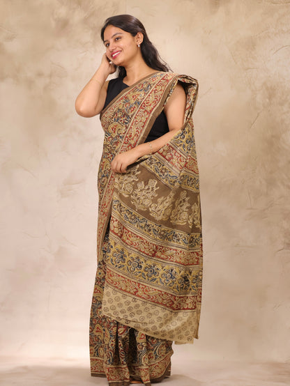 Mehndi Green Hand Block Printed Kalamkari Cotton Saree | Looms & Tassels