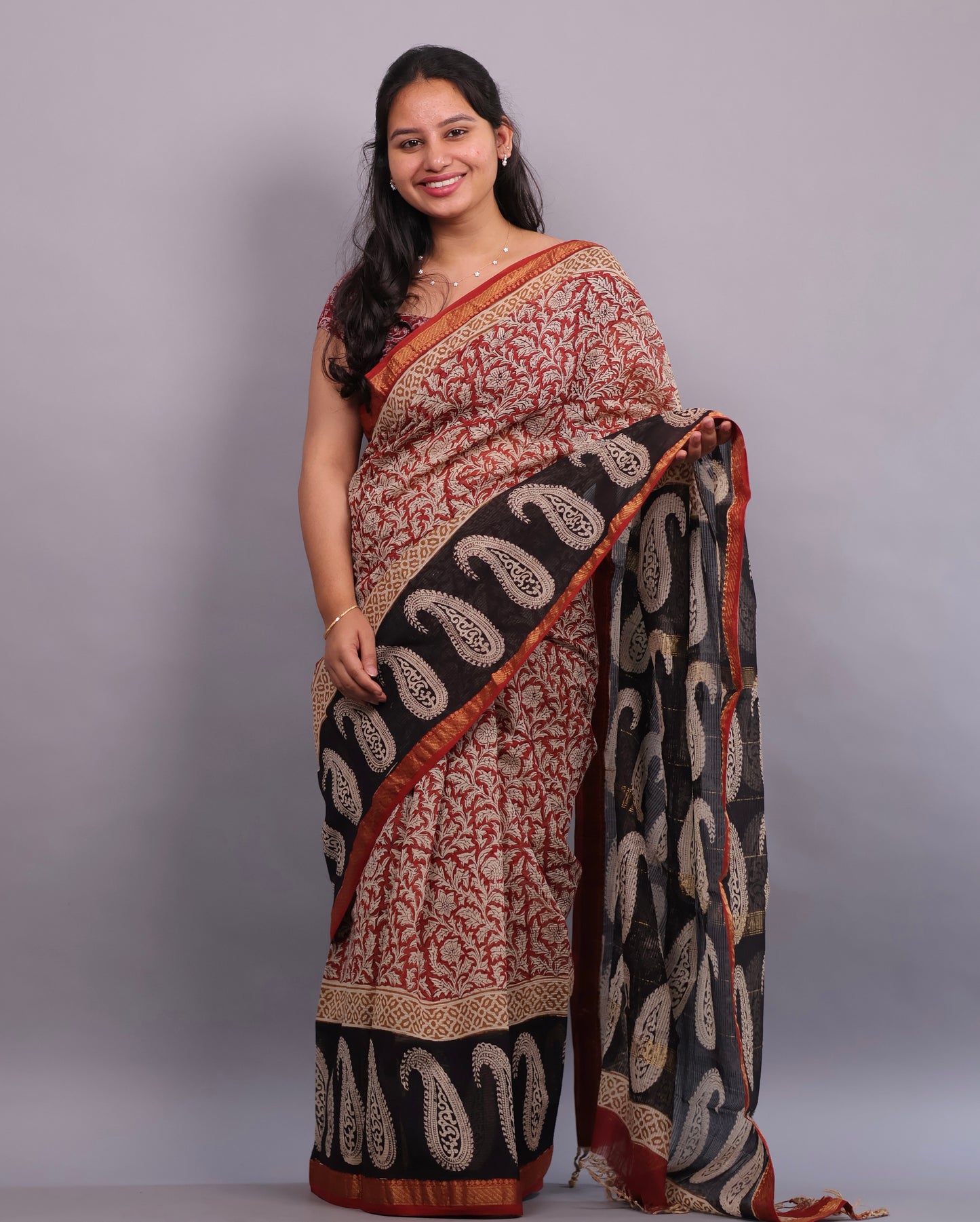 Red & Black Bagru Hand Block Printed Maheswari Silk Cotton Saree