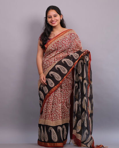 Red & Black Bagru Hand Block Printed Maheswari Silk Cotton Saree