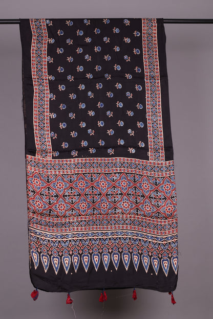 Black Ajrakh Hand Block Printed Modal Silk Stole | Looms & Tassels