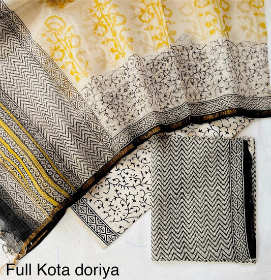 Handblock printed pure kota doria cotton 3 piece suit set