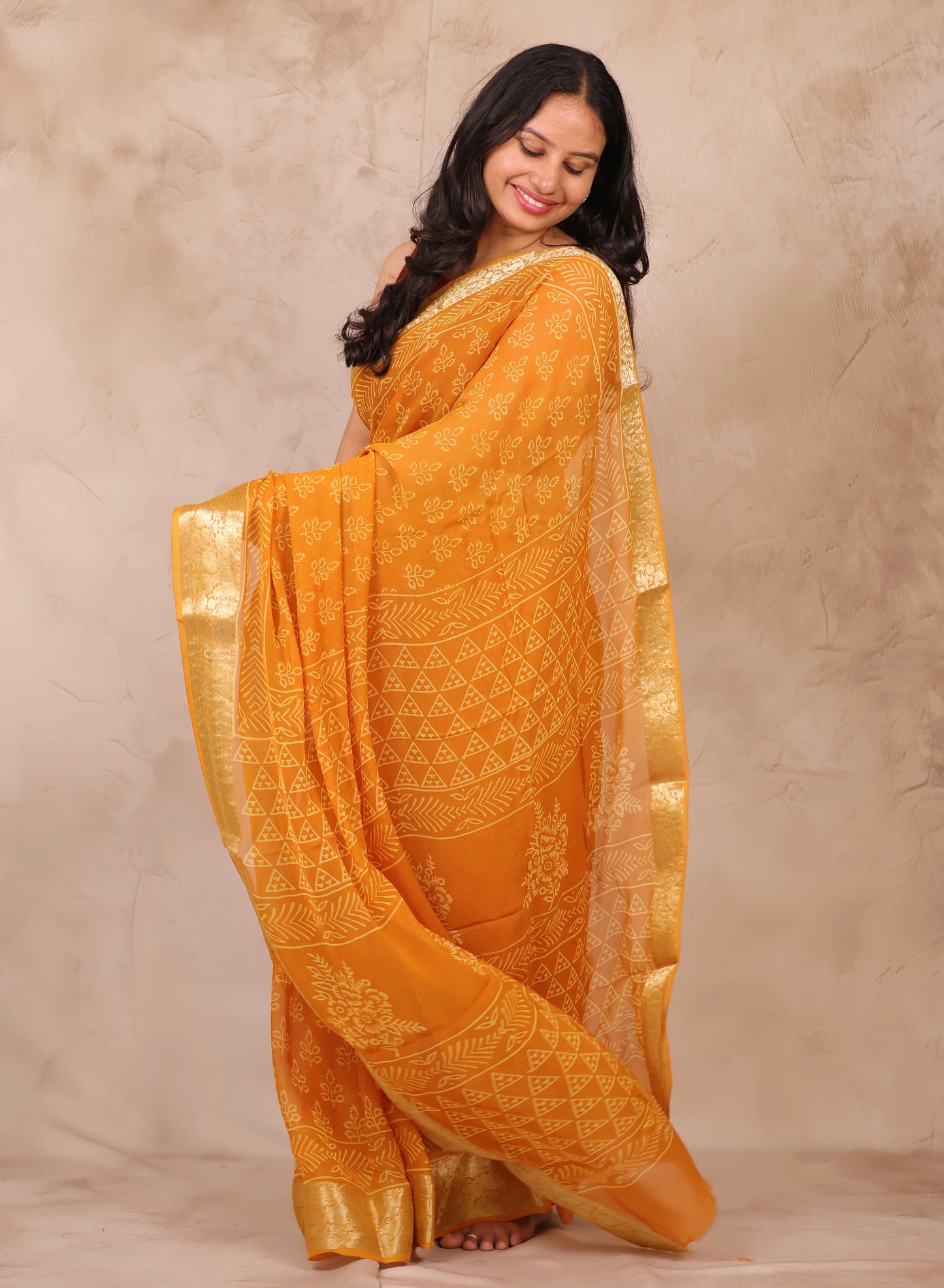 Mustard Chiffon Hand Block Printed Saree with Jari Border | Looms & Tassels