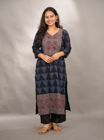 Black & Indigo Ajrakh Pattern Hand Block printed Kurti | Looms & Tassels