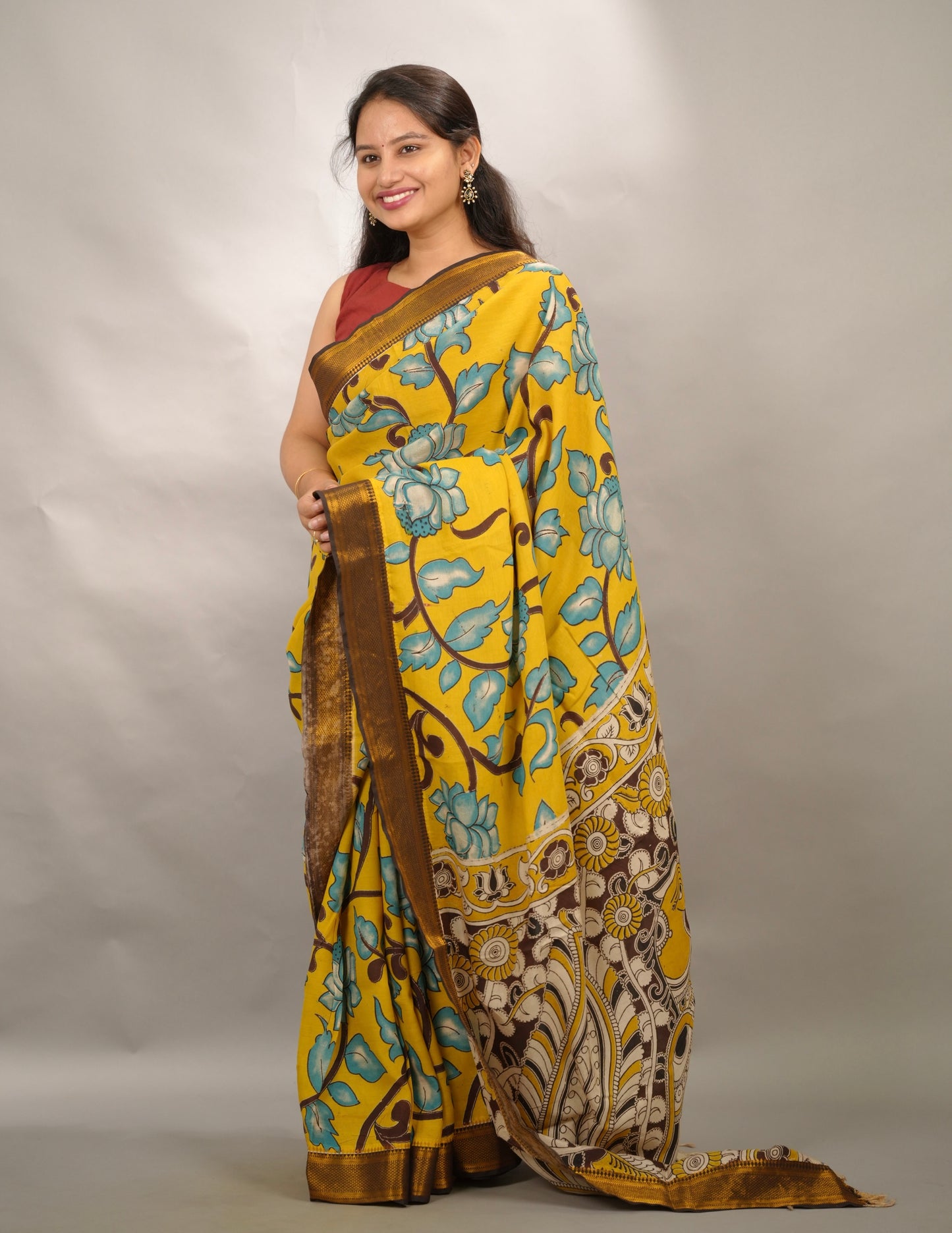 Yellow Kalamkari Nizam Border Chennur Silk Saree | Looms & Tassels
