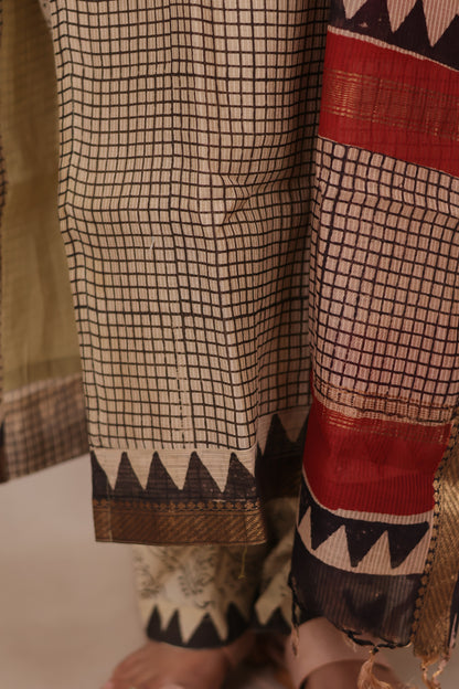 Cream stripes Handblock printed Pure Maheswari Silk 3 piece suit (stitched)