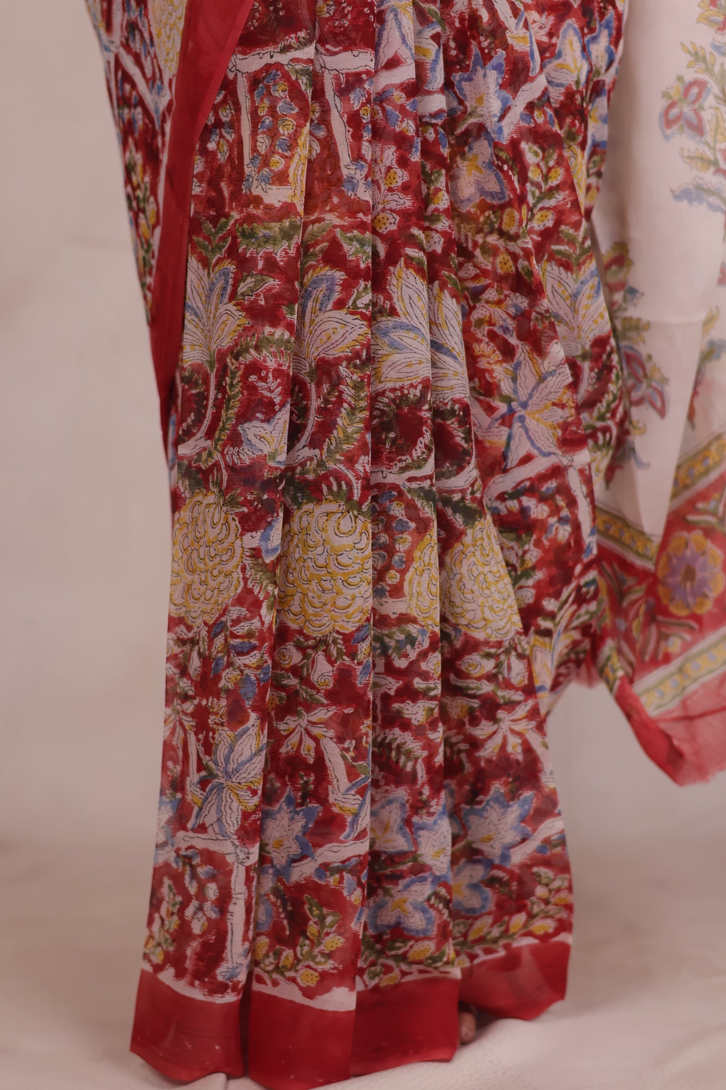 Red Chiffon Hand Block Printed Saree | Looms & Tassels