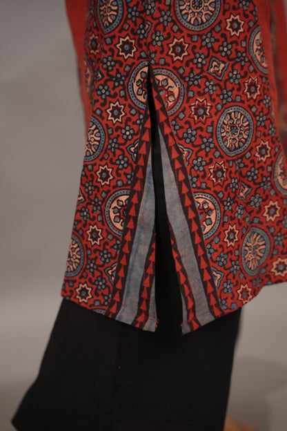 Red Ajrakh Pattern Hand Block printed Kurti | Looms & Tassels