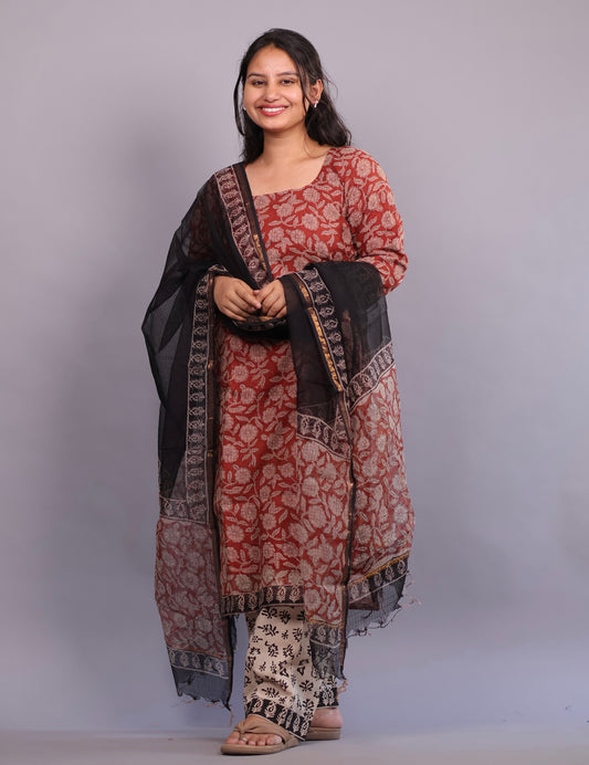 Rust Maroon Handblock printed kota 3 piece suit (stitched)