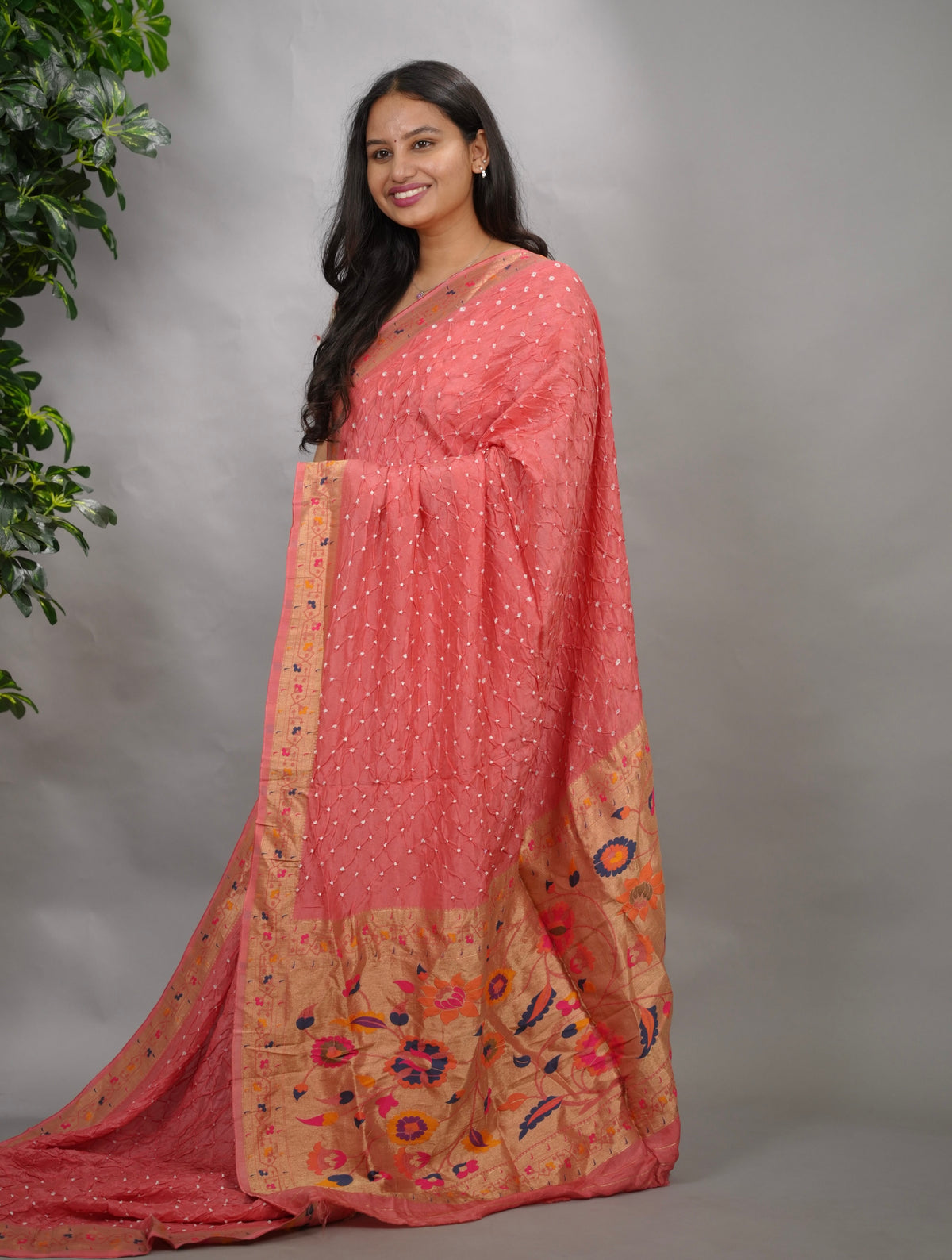 Handcrafted Bandhani Paithani Dola Silk Saree | Looms & Tassels