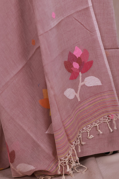 Dusty Pink Handwoven Jamdhani weaving pure Malai cotton 2 piece suit sets | Looms & Tassels