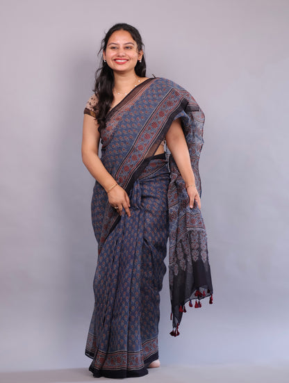 Indigo Ajrakh Hand Block Printed Kota Doria Saree | Looms & Tassels