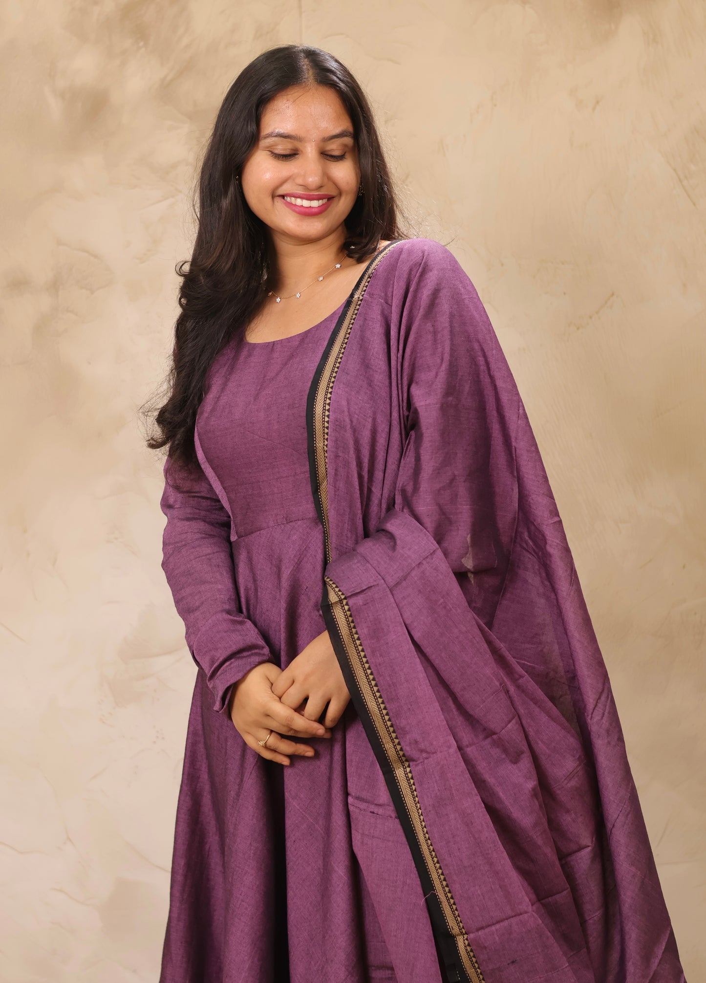 Lavender Narayanpet Cotton Anarkali Dress with Narayanpet Dupatta | Looms & Tassels