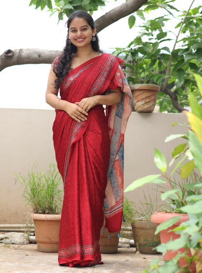 Red Ajrakh Modal Silk Saree