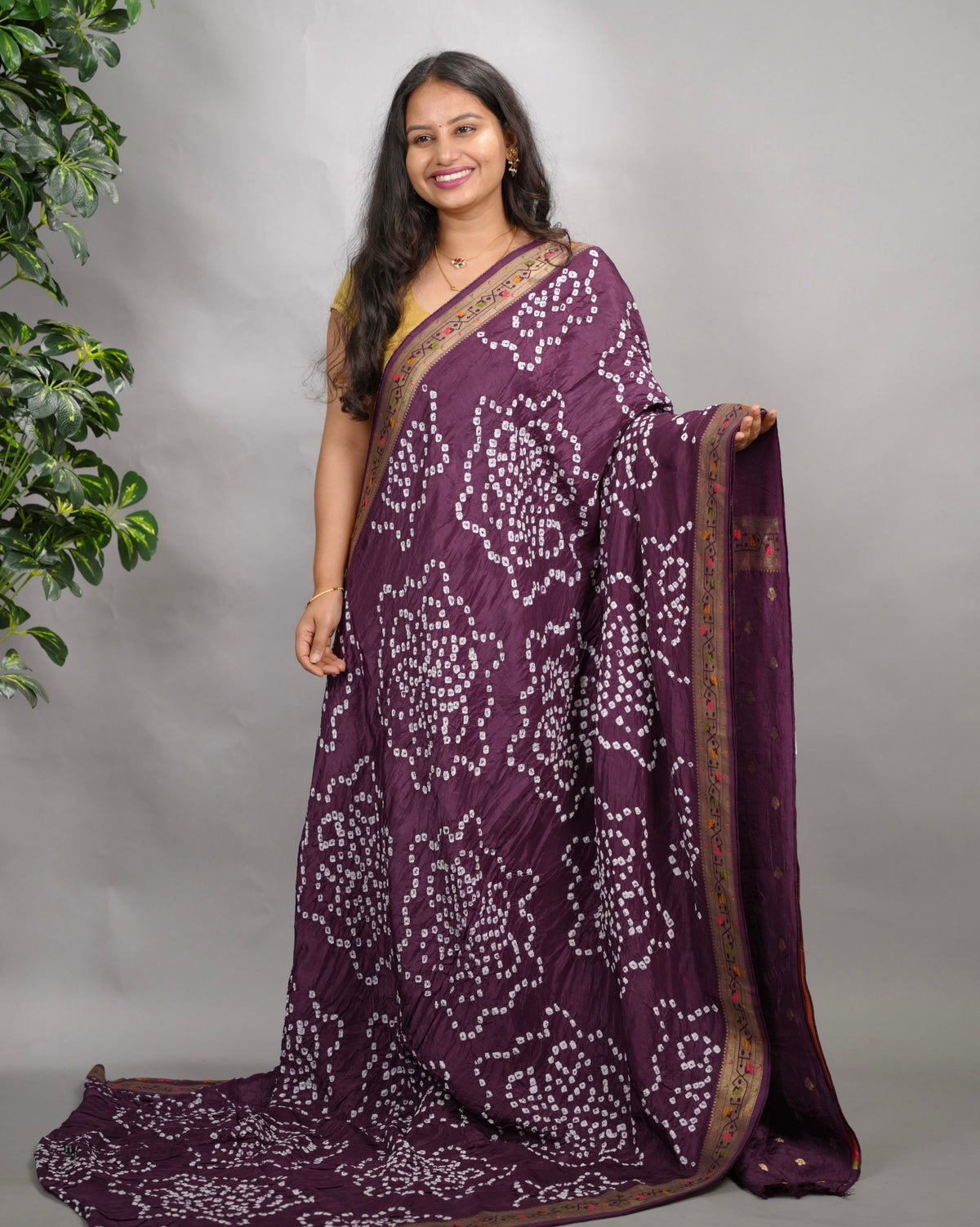 Purple Handcrafted  Pattern Bandhani Paithani Dola Silk Saree | Looms & Tassels