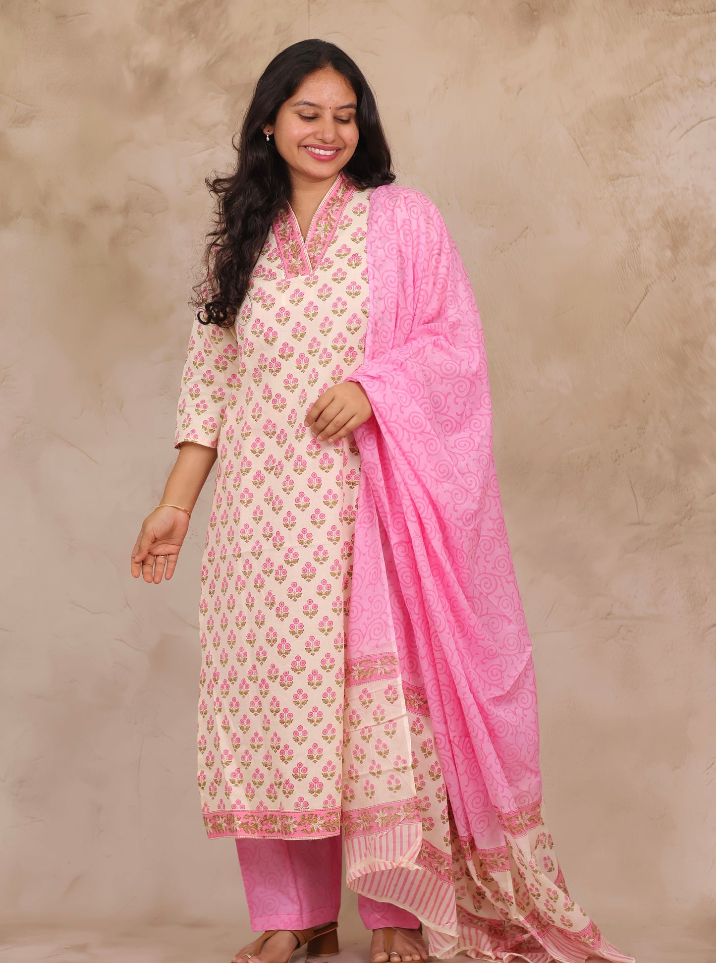Off White & Pink Handblock printed Pure Mul Cotton with Kota Doria Duppata 3 piece suit (stitched)