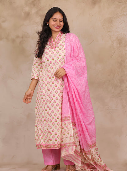 Off White & Pink Handblock printed Pure Mul Cotton with Kota Doria Duppata 3 piece suit (stitched)