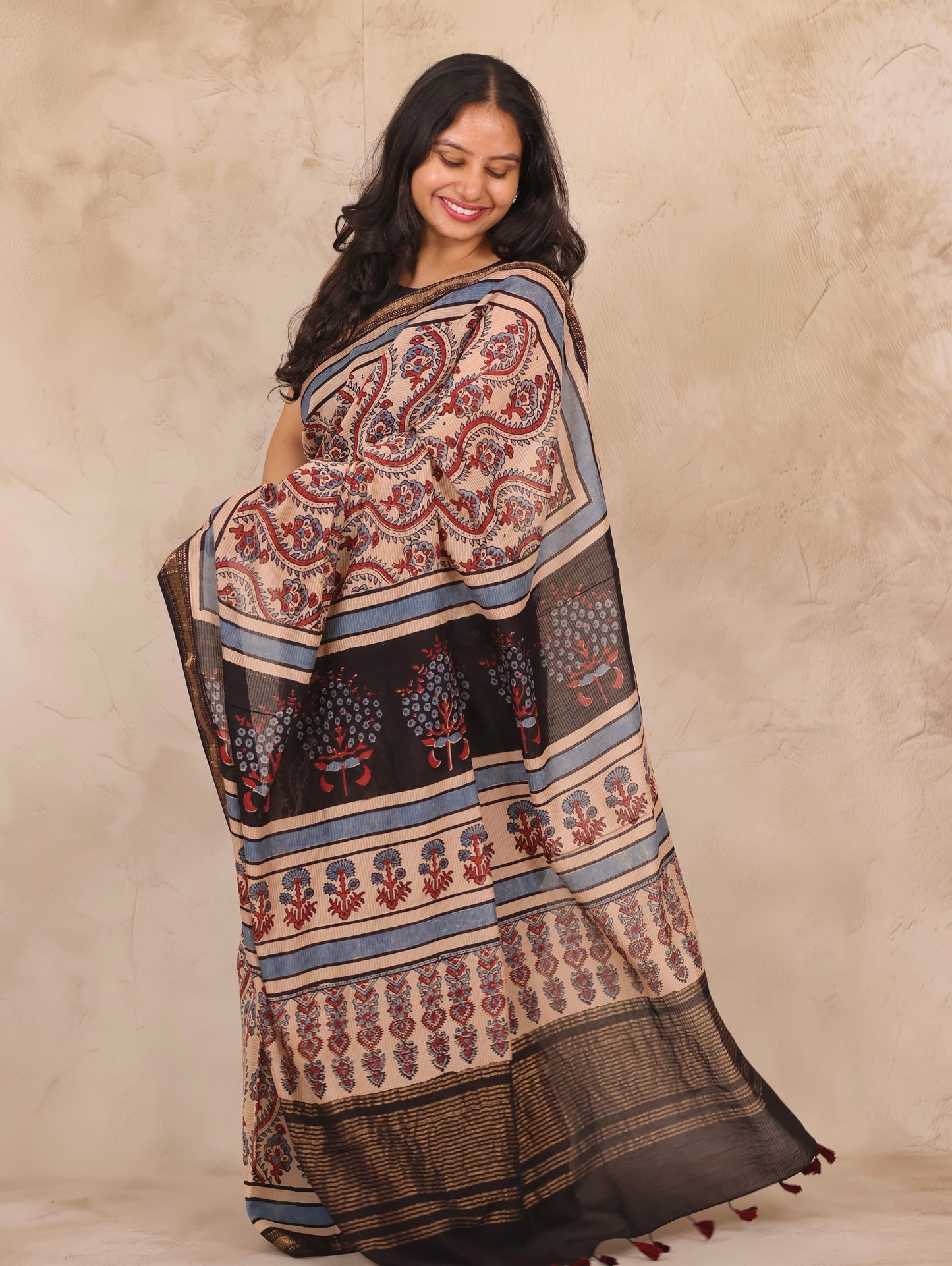 Maheswari Silk Cotton Ajrakh Handblock Printed Saree | Looms & Tassels
