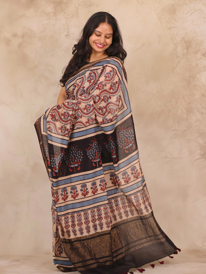 Maheswari Silk Cotton Ajrakh Handblock Printed Saree | Looms & Tassels