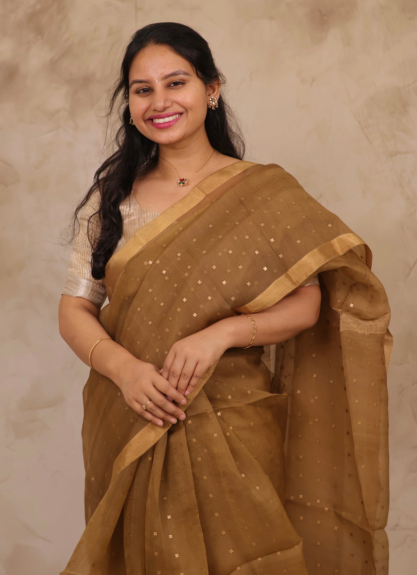 Mustard Brown Handwoven Muslin Silk Saree With Sequence Work | Looms & Tassels