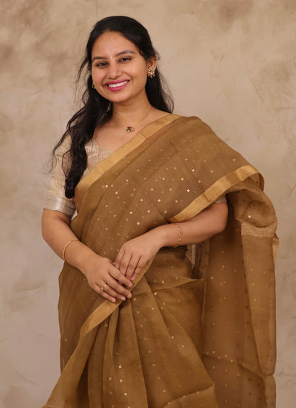 Mustard Brown Handwoven Muslin Silk Saree With Sequence Work | Looms & Tassels