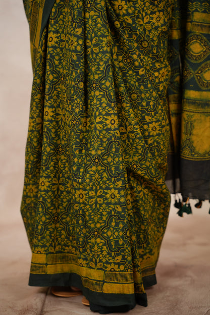 Green Ajrakh Hand Block Printed Cotton Saree | Looms & Tassels