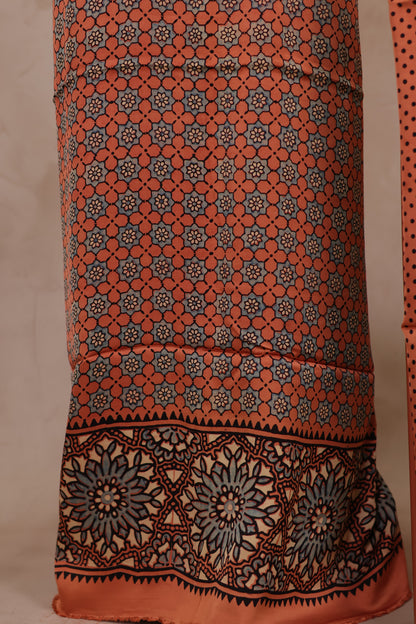 Brown Ajrakh Hand Block Printed Natural Dyed Modal Silk 2 Piece Suit Set | Looms & Tassels