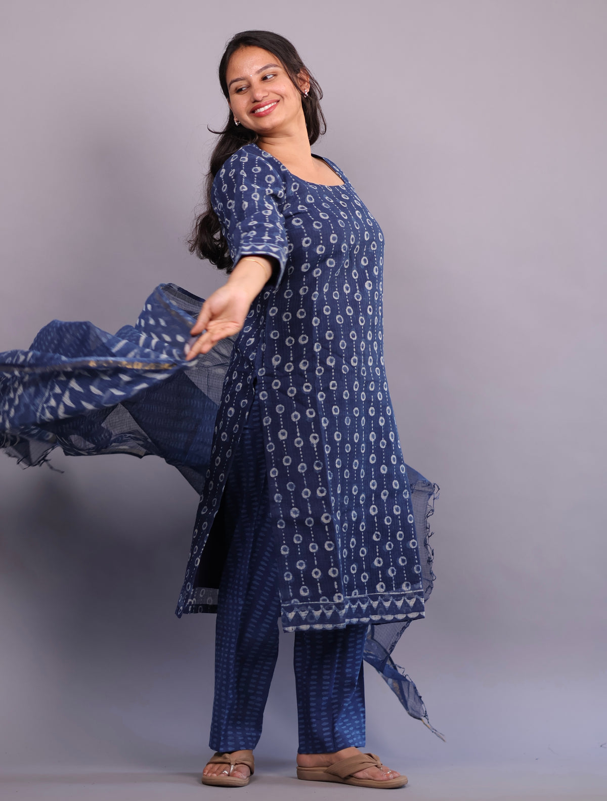 Indigo Handblock printed kota 3 piece suit (stitched)