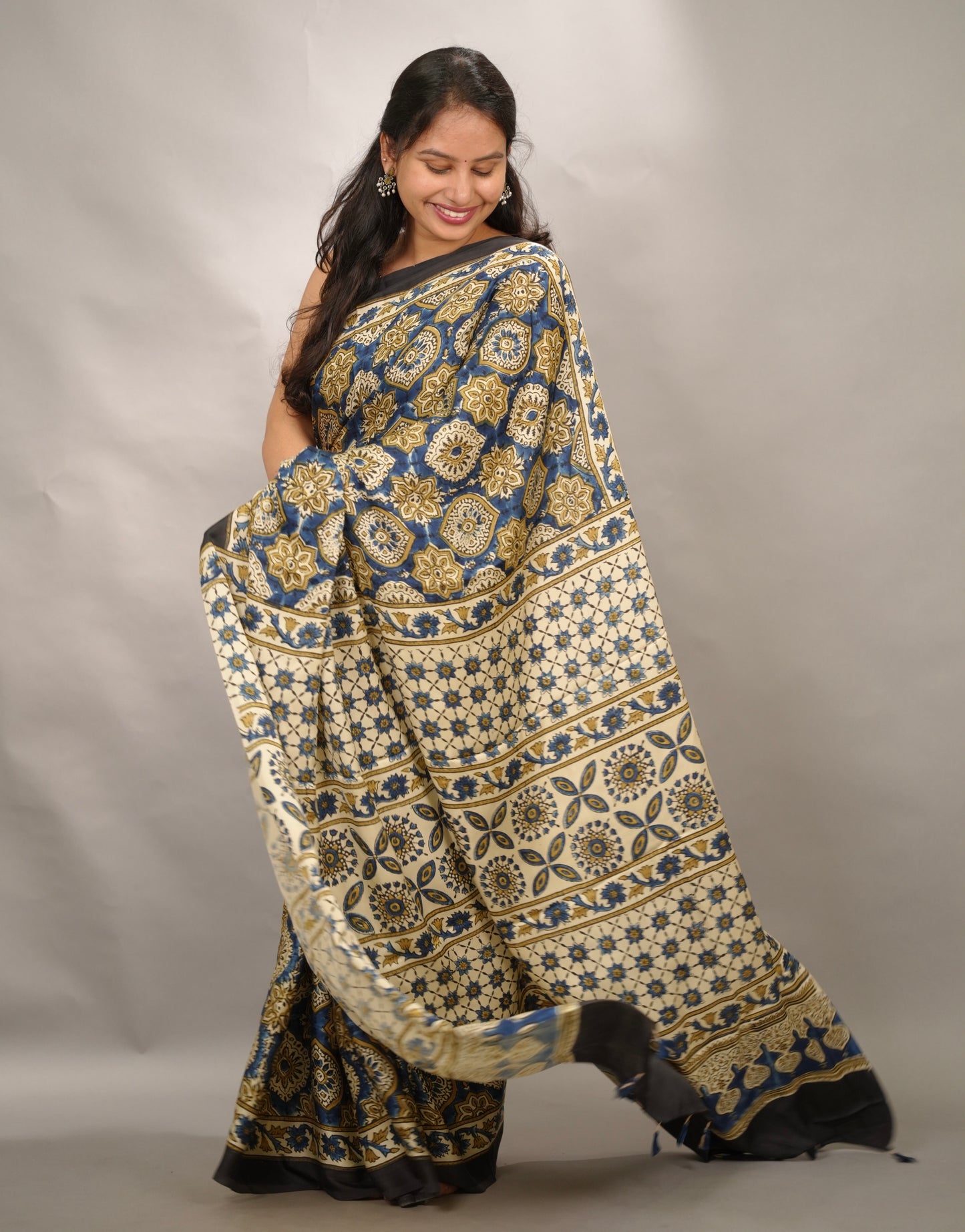 Cream & Blue Badam Butta Authentic Ajrakh Handblock Printed Modal Silk Saree | Looms & Tassels