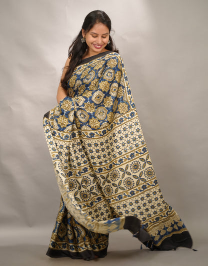 Cream & Blue Badam Butta Authentic Ajrakh Handblock Printed Modal Silk Saree | Looms & Tassels