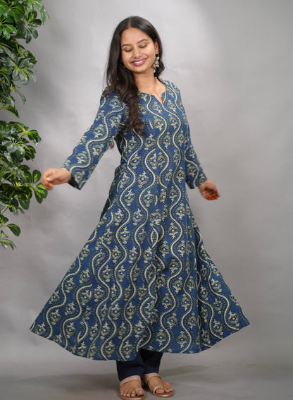 Indigo Ajrakh Cotton Kali Kurta | Looms & Tassels