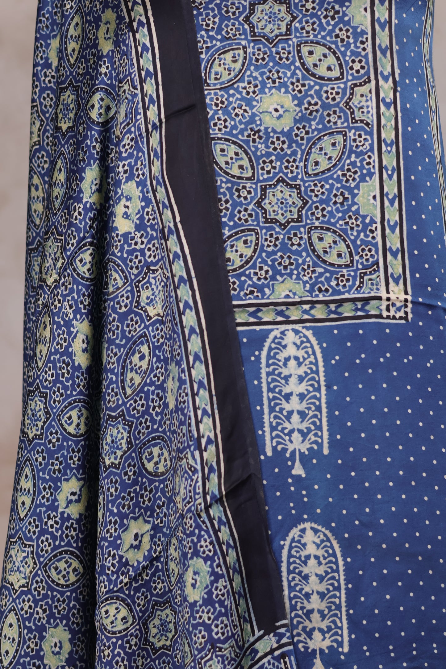 Indigo Ajrakh Handblock Printed Modal Silk 2 Piece Suit Set | Looms & Tassels