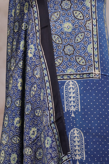 Indigo Ajrakh Handblock Printed Modal Silk 2 Piece Suit Set | Looms & Tassels