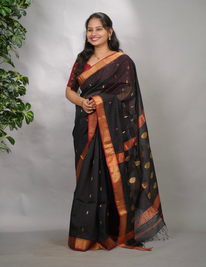 Black Handloom Maheswari Silk Cotton Sarees | Looms & Tassels
