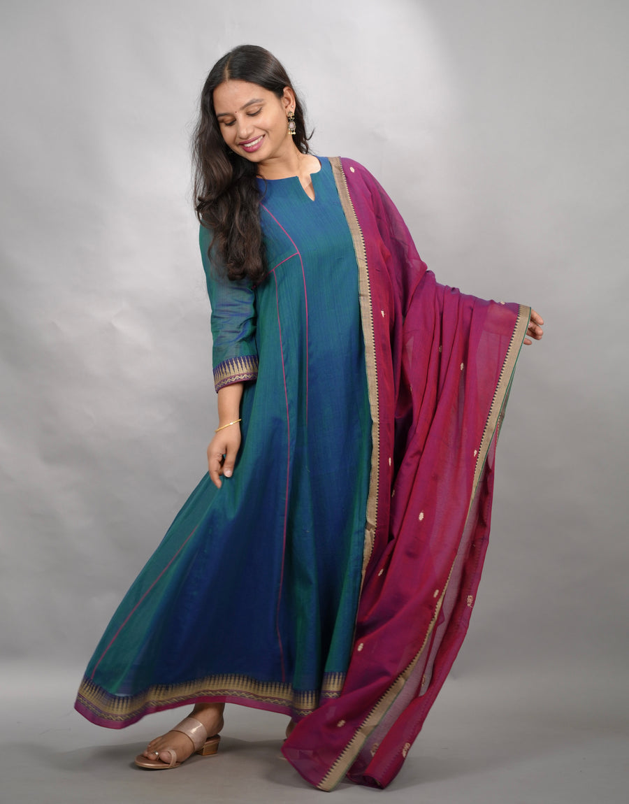 Rama Blue Narayanpet Cotton Anarkali Dress with Magenta Narayanpet Dupatta | Looms & Tassels