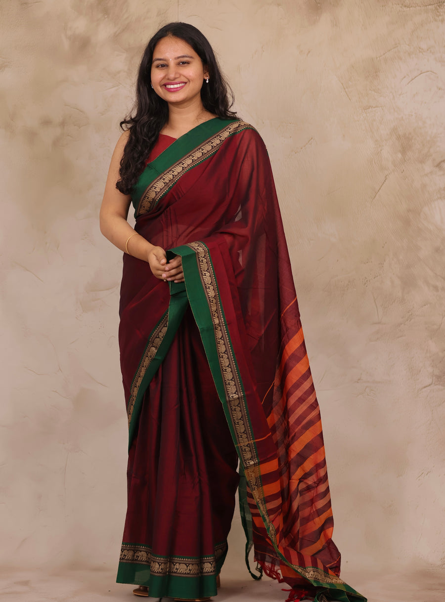 Maroon Narayanpet Cotton Saree with Elephant Border | Looms & Tassels
