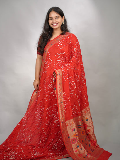 Red Handcrafted Pattern Bandhani Paithani Dola Silk Saree | Looms & Tassels