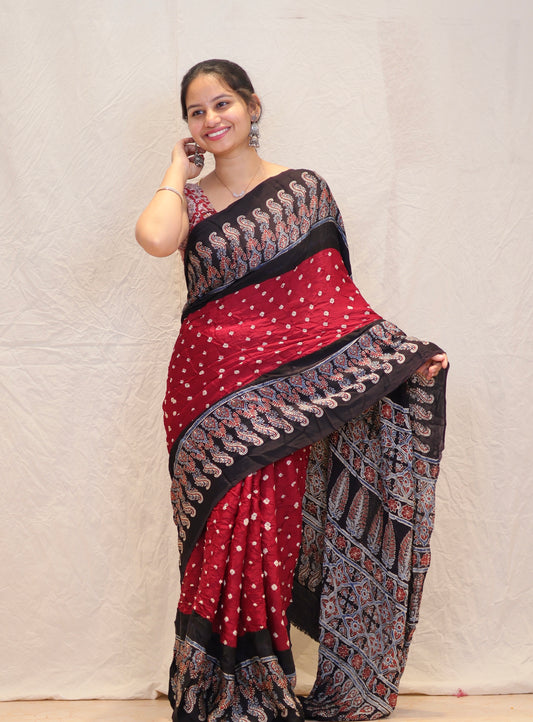 Maroon Ajrakh Bandhej Modal Silk Saree
