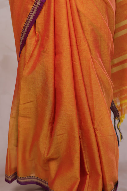 Orange Narayanpet Cotton Saree | Looms & Tassels