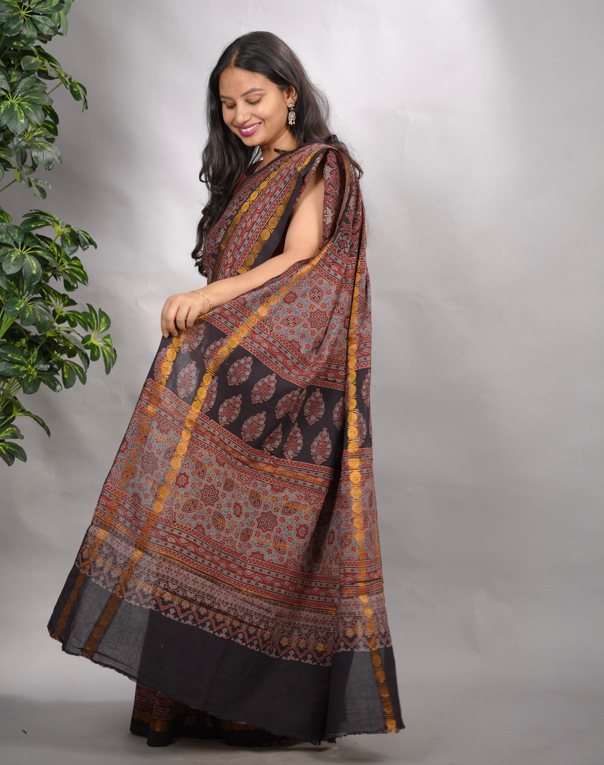 Black & Maroon Ajrakh Hand Block Printed Sungudi Cotton Saree | Looms & Tassels