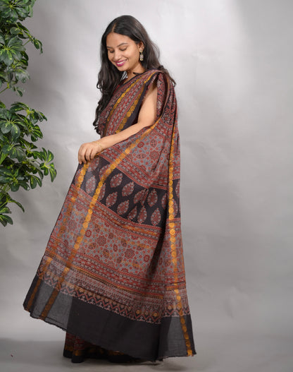 Black & Maroon Ajrakh Hand Block Printed Sungudi Cotton Saree | Looms & Tassels