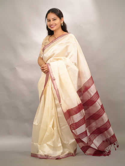 Off White & Maroon Handloom Mangalagiri Silk Saree| Looms & Tassels