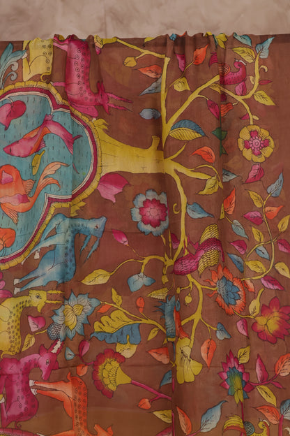 Brown Pen Kalamkari Mangalagiri silk Dupatta