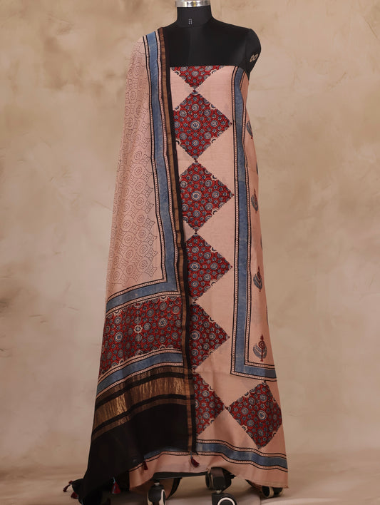 Chanderi Silk Cotton Ajrakh Handblock Printed 2 Piece Suit Set | Looms & Tassels