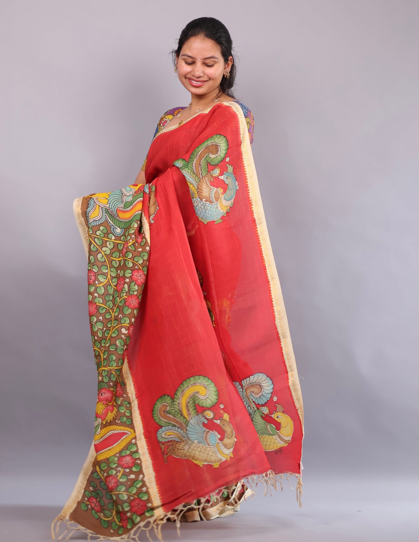 Red Hand Painted Pen Kalamkari Bangalore Silk Saree with Sungdi Borders