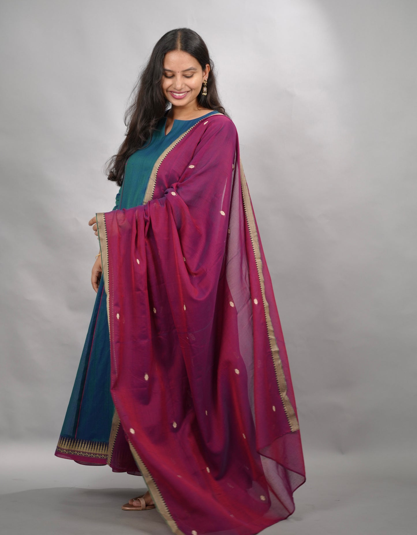 Rama Blue Narayanpet Cotton Anarkali Dress with Magenta Narayanpet Dupatta | Looms & Tassels