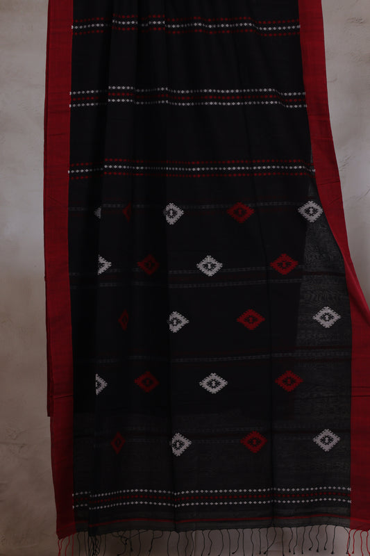 Black Malai Cotton Saree with Butta Weaving | Looms & Tassels