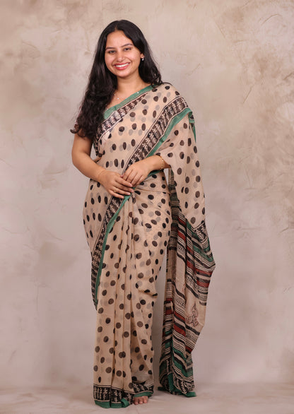 Cream Chiffon Hand Block Printed Saree | Looms & Tassels