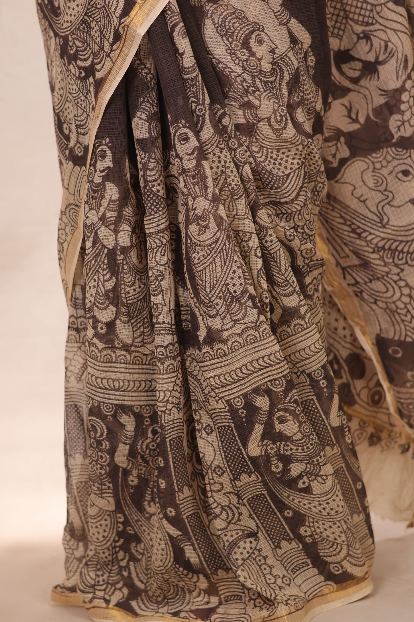 Light Black Kota Doria Saree with Kalamkari Handblock Prints | Looms & Tassels