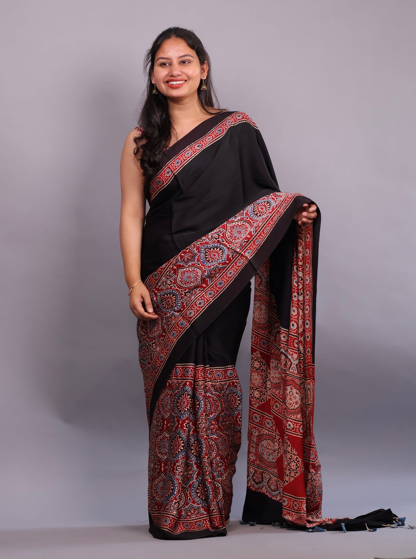 Authentic Ajrakh Handblock Printed Modal Silk Saree | Looms & Tassels